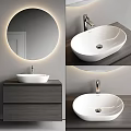 Modern Bathroom Vanity with Round Backlit Mirror White Ceramic Basin and Wooden Countertop