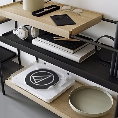 Modern Decorative Ornament Set With Headphones Notebooks Turntable Pencils And Plate On Shelf 3d model