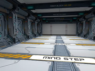 Futuristic Sci Fi Corridor Landscape With MIND STEP Sign Metal Walls And Ceiling Lights 3d model