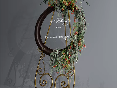 Elegant Garden Ornament With Circular Frame Green Vines Red Berries And Golden Stand 3d model