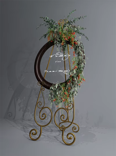 Elegant Garden Ornament With Circular Frame Green Vines Red Berries And Golden Stand 3d model