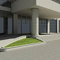 Modern Building Exterior Wall With Large Glass Windows Gray Stone Steps Columns And Small Lawn