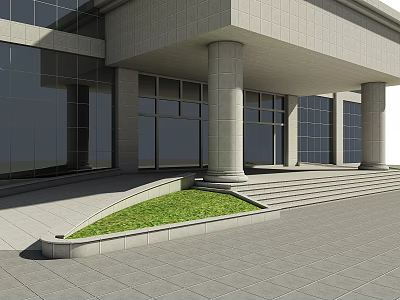 Modern Building Exterior Wall With Large Glass Windows Gray Stone Steps Columns And Small Lawn 3d model