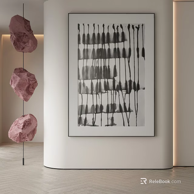 Abstract Painting With Black Lines On Wall And Pink Stone Decorations In Interior 3d model 