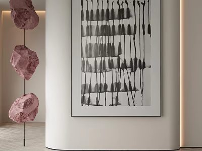 Abstract Painting With Black Lines On Wall And Pink Stone Decorations In Interior 3d model