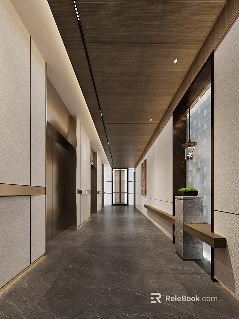 Modern Elevator Hallway Interior With Wooden Accents Beige Stone Walls Recessed Lighting Bench Plant 3d model 