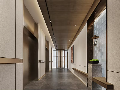 Modern Elevator Hallway Interior With Wooden Accents Beige Stone Walls Recessed Lighting Bench Plant 3d model