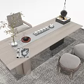 Modern Tea Table and Wooden Stools with Tea Set Vase and Magazine in Minimalist Interior