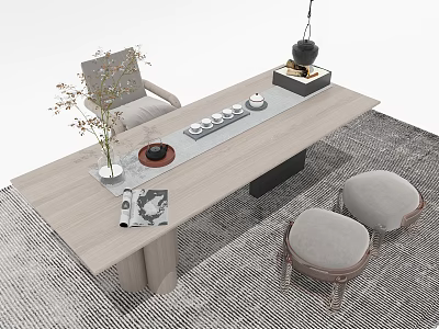 Modern Tea Table and Wooden Stools with Tea Set Vase and Magazine in Minimalist Interior 3d model