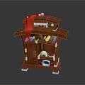 Brown Wooden Decorative Cabinet With Red Stocking Gold Coins Scrolls And Teapot