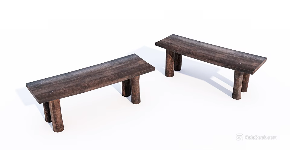 Rustic Wooden Benches With Simple Design And Four Cylindrical Legs 3d model