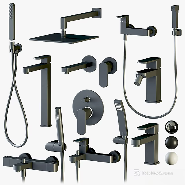 Black Modern Bathroom and Kitchen Faucets with Shower Head and Handheld Taps 3d model 