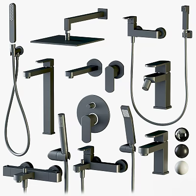 Black Modern Bathroom and Kitchen Faucets with Shower Head and Handheld Taps 3d model