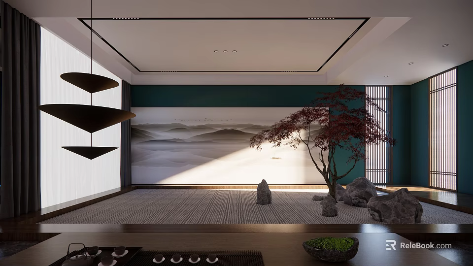 Traditional Tea Room Interior With Mountain Landscape Wall Red Maple Tree Stones And Hanging Lamps 3d model 