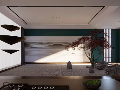 Traditional Tea Room Interior With Mountain Landscape Wall Red Maple Tree Stones And Hanging Lamps 3d model