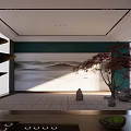 Traditional Tea Room Interior With Mountain Landscape Wall Red Maple Tree Stones And Hanging Lamps