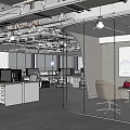 Modern Public Office Space With Open Layout Glass Partitions Office Desks And Pendant Lights