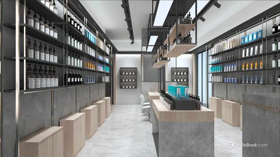 Modern Retail Store Interior With Organized Shelves Bottled Products Counter And Lighting 3d model 