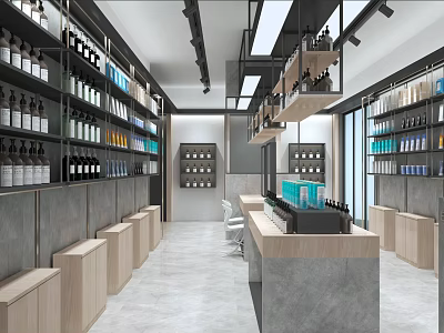 Modern Retail Store Interior With Organized Shelves Bottled Products Counter And Lighting 3d model