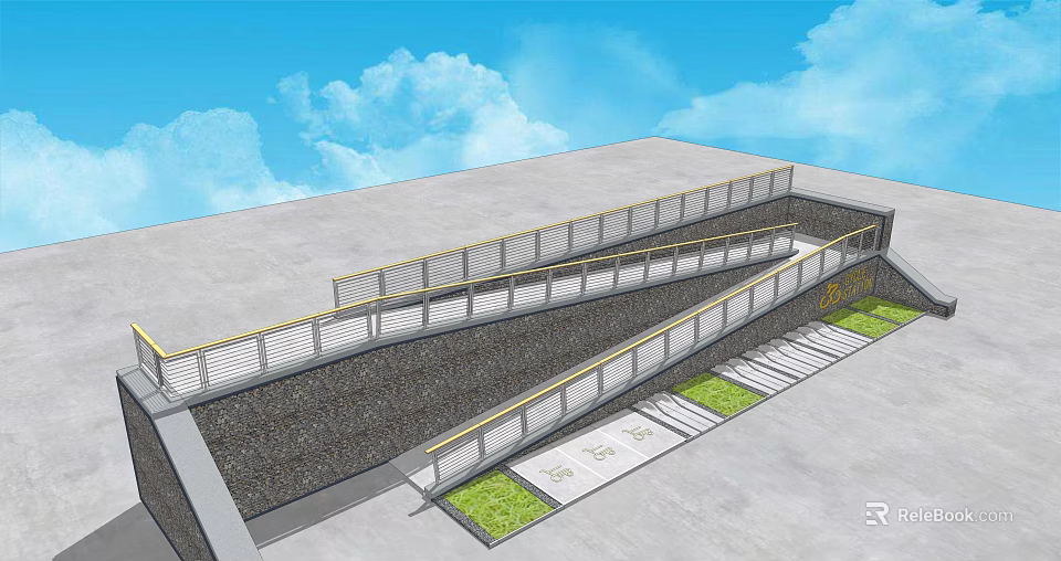 Municipal Road Design With Sloped Ramp Railings Grass Strips And Sidewalk 3d model 