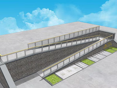 Municipal Road Design With Sloped Ramp Railings Grass Strips And Sidewalk 3d model