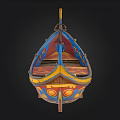 Colorful Traditional Decorative Boat With Painted Blue Yellow Red Patterns And Circular Motifs