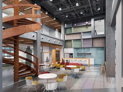 Modern Open Space Interior Design With Wooden Spiral Staircase Tables Chairs And Ceiling Lights 3d model