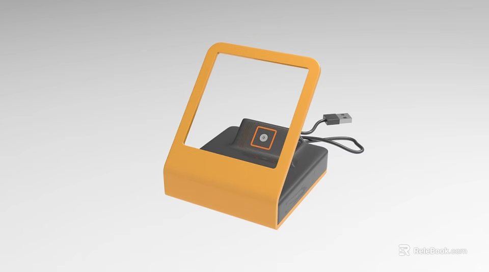 Orange Desktop Barcode Scanner With Transparent Window Black Base And USB Cable 3d model