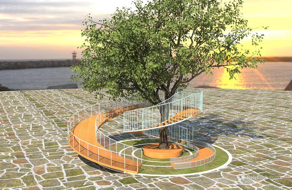 Tree Pit With Spiral Wooden Walkway And White Railings In Waterfront Sunset Setting 3d model 