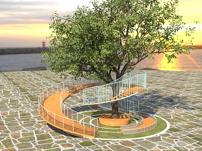 Tree Pit With Spiral Wooden Walkway And White Railings In Waterfront Sunset Setting 3d model