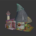Cartoon Style Cottage With Pointed Gray Roof Small Tower Round Window And Wooden Porch