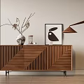 Modern Wooden Entryway Sideboard With Herringbone Pattern Vase Dried Branches Rabbit Artwork and Floor Lamp