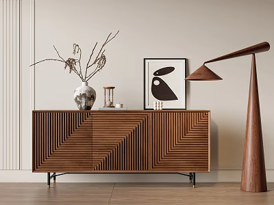 Modern Wooden Entryway Sideboard With Herringbone Pattern Vase Dried Branches Rabbit Artwork and Floor Lamp 3d model
