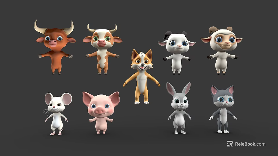 Colorful 3D Cute Cartoon Animal Characters With Cow Sheep Dog Rabbit And Cat 3d model 