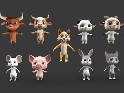 Colorful 3D Cute Cartoon Animal Characters With Cow Sheep Dog Rabbit And Cat 3d model