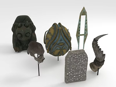 Mystical Character And Creature Artifacts Featuring Skull Horn Statue And Carved Tablet 3d model