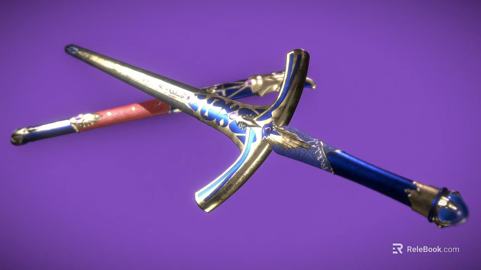 Blue Blade Sword With Gold Decorations And Red Hilt On Purple Background 3d model 