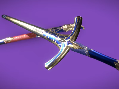 Blue Blade Sword With Gold Decorations And Red Hilt On Purple Background 3d model