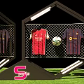 Sports Merchandise Display With Football Jerseys Soccer Balls And S Logo On Green Grass