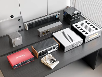 High Quality Audio Equipment With Amplifiers Receivers And Audio Players On Table 3d model