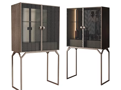 Modern Wooden Sideboard Design With Glass Doors And Metal Legs 3d model