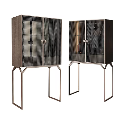 Modern Wooden Sideboard Design With Glass Doors And Metal Legs 3d model