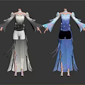 Stylish Women's Dresses With Flowy Sleeves And Layered Skirts In Gray And Blue On Mannequins