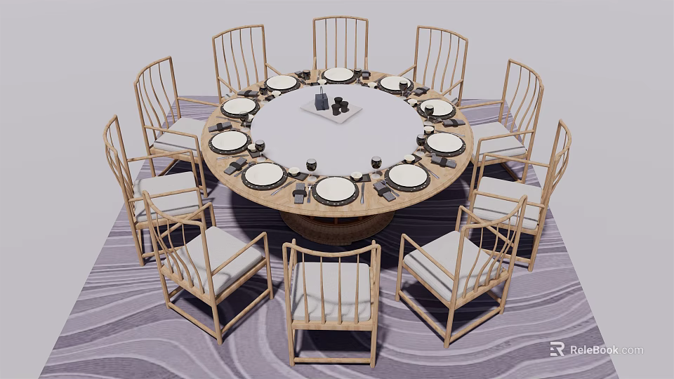 Round Wooden Dining Table Set With Upholstered Chairs And Tableware On Rug 3d model 