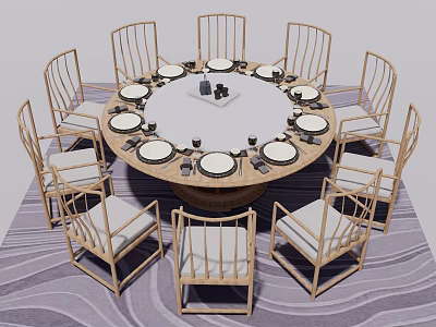 Round Wooden Dining Table Set With Upholstered Chairs And Tableware On Rug 3d model