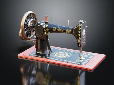 Vintage Sewing Machine With Gold Star Decorations On Red Base And Wheel 3d model