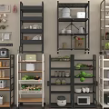 Space Saving Multi tier Kitchen Storage Shelves With Vegetables Dishes Jars And Microwave 3d model