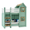 Light Green Kids Bunk Bed With House Shaped Design Wooden Windows And Ladder
