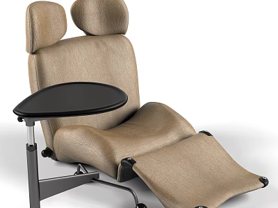 Beige Padded Recliner Chair With Black Side Table And Rolling Wheels 3d model