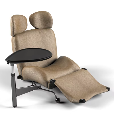 Beige Padded Recliner Chair With Black Side Table And Rolling Wheels 3d model